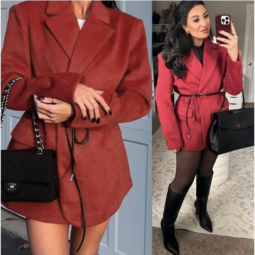 Wool blend premium quality red oversized drawstring tie belt blazer jacket - Picture 1 of 9